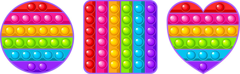 Funny Pop it a sensory toy for fidgets. Vector hand-drawn cartoon illustration of the logo icon. Pop it, Simple Dimple. Rainbow antistress toy heart, squares and circle.