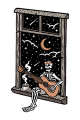 Skull playing guitar in the window at night