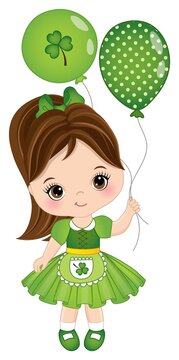 Cute Little Girl Celebrating St. Patrick Day Holding Green Air Balloons with Shamrock. Vector Saint Patrick Day