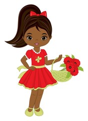 Beautiful Cute African American Girl Holding Basket of Red Poppies. Vector Black Girl with Poppies
