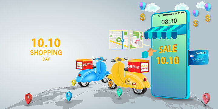 Fast delivery by scooter on mobile. E-commerce online concept. 10.10 Shopping Day .Online infographic. Webpage, app design. vector illustration.