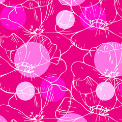 Hand drawn seamless pattern with cute flowers and pink circles. Vector line illustration.