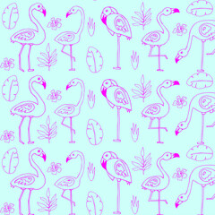 Seamless trendy pattern with flamingo. Cartoon vector illustration for prints, clothing, packaging and postcards. Doodle style.