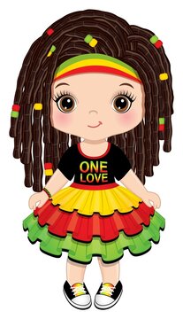 Cute Little Reggae Girl with Dreadlocks Wearing Rastafarian Dress. Vector Reggae Girl