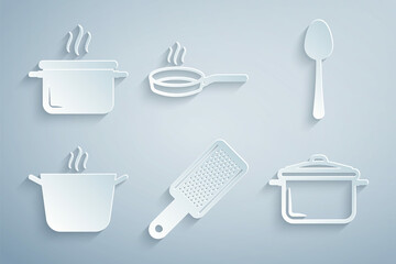 Set Grater, Spoon, Cooking pot, Frying pan and icon. Vector