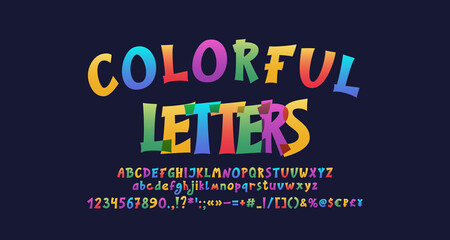 Cartoon colored font, a transparent alphabet letters and numbers on dark background. Funny vector multicolor typeface