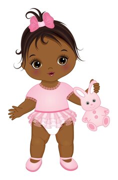 Little African American Baby Girl Holding Bunny Toy. Vector Cute Baby Girl