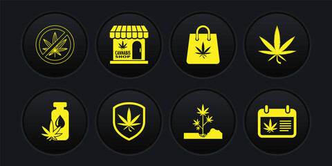 Set Marijuana or cannabis leaf oil, Shield and marijuana, Planting, Shopping bag of, store, Calendar and Stop icon. Vector
