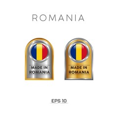 Made in Romania Label, Stamp, Badge, or Logo. With The National Flag of Romania. On platinum, gold, and silver colors. Premium and Luxury Emblem