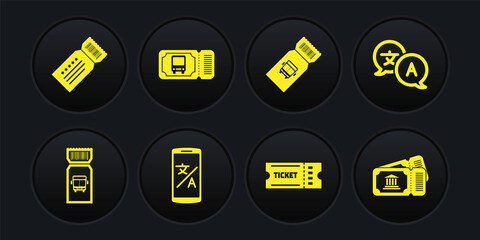 Set Bus ticket, Translator, Online translator, Ticket, Museum and icon. Vector