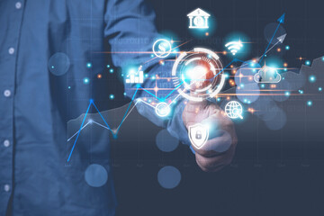 Businessman scans finger on a touch screen. Cloud computing icon business for big data process strategy marketing online. Digital transfer data management.