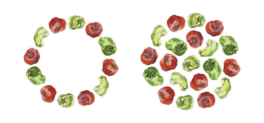 Set of green bell pepper and red tomato wreath and round arrangement, isolated on white. Watercolor illustration. For menu, recipe, cookbook, stationery and packaging design.