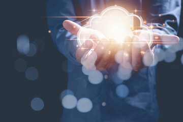 Digital transfer data management new technology. Businessman with virtual cloud computing technology with icon business, technology for big data process strategy marketing online.