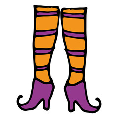 Vector witch legs in flat style. hand-drawn doodle-style legs of a woman with orange stockings with purple stripes, purple shoes with heels, isolated for halloween design template