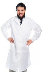 portrait of a doctor. a medical worker in a white coat put his hands on his hips. shows tongue. funny medic. isolated white background
