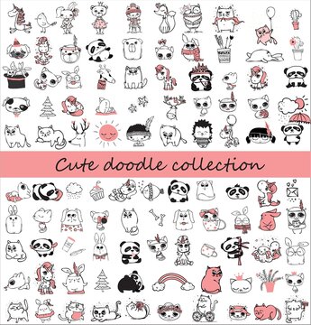 Cute doodle collection. Simple design of cute animals, birds, flowers and other design elements perfect for kid's card, banners, stickers and kid's things.