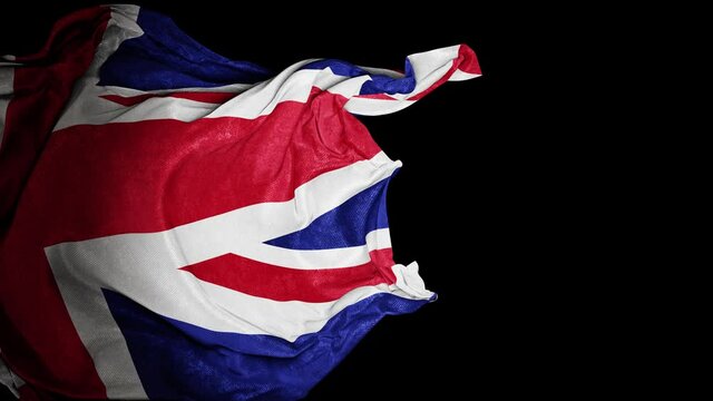 Realistic 3D animation of the dark and grungy national flag of the United Kingdom of Great Britain and Northern Ireland as fly away opener rendered in UHD with alpha matte