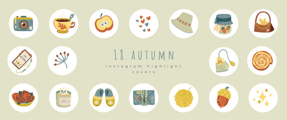 Autumn instagram highlight covers. Pastel icons set for blogger and influencer social media, stories, blog. Cozy home. Collection of scrapbooking elements. Hygge concept design
