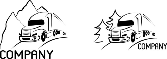 Concept of logo for transport logistic company. Minimal black design. Truck and road.