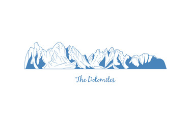 Dolomite Mountains, popular peaks for climbing. Dolomite Alps vector illustration, mountain drawing for logo, emblem, banners for skiing and mountain climbing, hiking trails, in linear style.