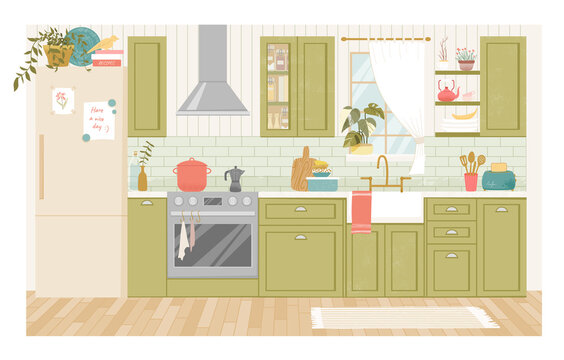 Kitchen Interior With Furniture. Furniture Banner Concept. Dining Area In The House Illustration In French Country Style, Kitchen Utensils.