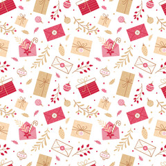 Christmas seamless background with gifts, letters, branches and Christmas decorations on a white background.