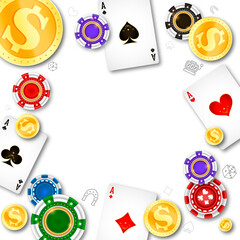 Gold coins playing cards chips unique banner for casino