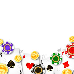 Playing cards aces, chips, gold coins background. Online casino banner