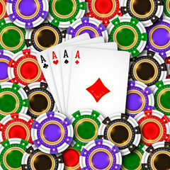 Playing cards aces and colorful chips for casino background