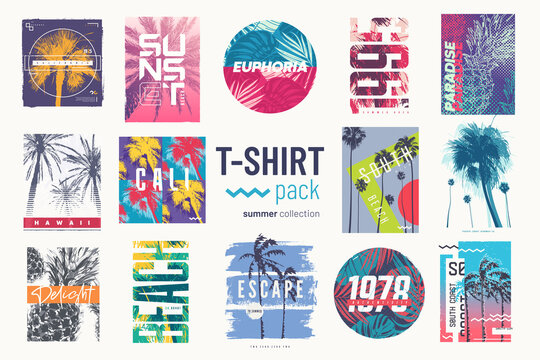 Collection of fourteen colorful vector t-shirt summer designs, prints, illustrations