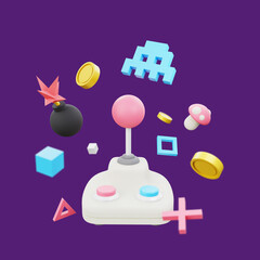 Retro gaming 3D render illustration. 8bit pixel art style arcade game concept poster.