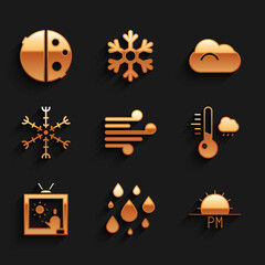 Set Wind, Water drop, Sunset, Meteorology thermometer, Weather forecast, Snowflake, Cloud and Eclipse of sun icon. Vector