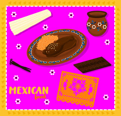 Mexican food, mole, chocolate sauce with rice dish