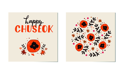 Obraz premium Happy Chuseok set of greeting card for Korean Harvest Festival, thanksgiving day isolated on white background. Hand lettering. Doodle style vector illustration of maple leaf, persimmon, leaves