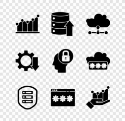 Set Pie chart infographic, Server, Data, Web Hosting, Network cloud connection, with shield, Password protection, Cost reduction and Human head lock icon. Vector