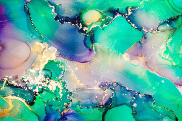 Luxury abstract fluid art painting in alcohol ink technique, mixture of green, purple and gold paints. Imitation of marble stone cut, glowing golden circles. Tender and dreamy design. - 454793310