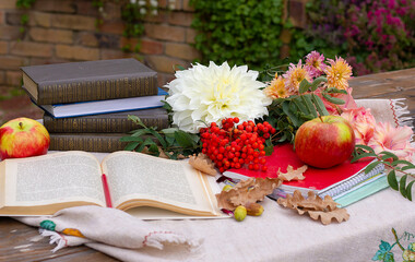 Autumn flowers with book and ashberry. Still-life with apple and flowers.