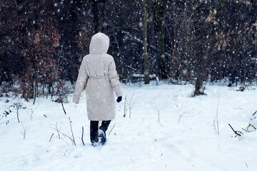 A lonely girl walks in the park in winter during a snowfall