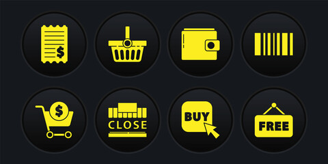 Set Shopping cart and dollar, Barcode, building text closed, Buy button, Wallet, basket, Price tag with Free and Paper check financial check icon. Vector