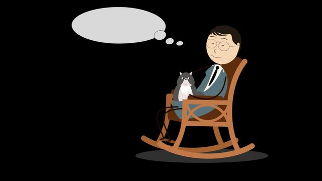 a man sits in a rocking chair stroking a cat and dreams, cartoon. animation with alpha channel.