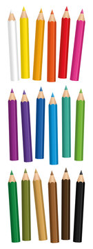 Short crayons - colorful small pencil set, loosely arranged - isolated vector illustration on white background.
