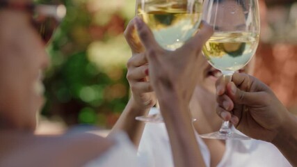 happy woman drinking wine making toast with friends celebrating on vacation relaxing outdoors on sunny day 4k