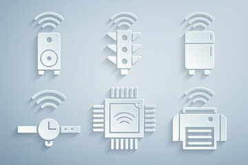 Set Processor with microcircuits CPU, Smart refrigerator, Smartwatch, printer, traffic light and stereo speaker icon. Vector