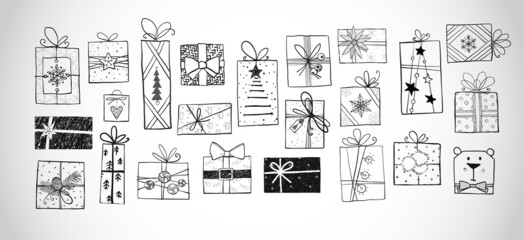 Doodle christmas gift boxes on white background.
