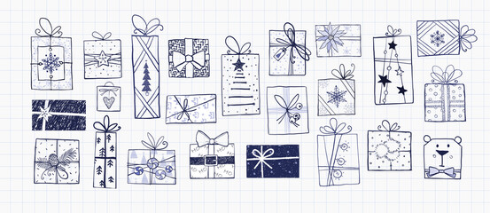 Blue pen sketch of christmas gift boxex on lined paper background