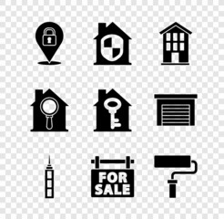 Set Location lock, House under protection, Skyscraper, Hanging sign with For Sale, Paint roller brush, Search house and key icon. Vector