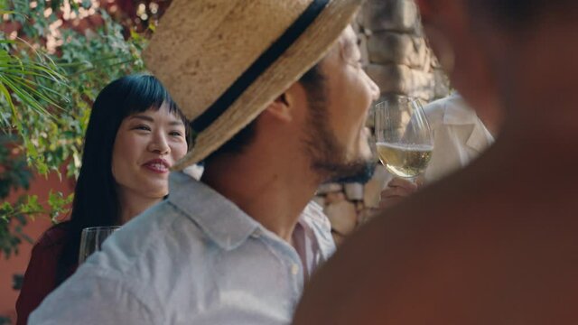 Attractive Asian Man Dancing With Friends At Summer Dance Party Drinking Wine Enjoying Summertime Social Gathering Having Fun Celebrating On Sunny Day 4k Footage