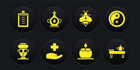 Set Facial cosmetic mask, Yin Yang, Cross hospital medical, Aroma candle, Bee, Oil bottle, Massage table with oil and Clipboard checklist icon. Vector