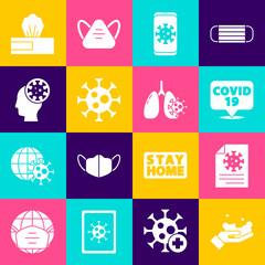 Set Washing hands with soap, Clipboard blood test results, Corona virus on location, Virus statistics mobile, Human, Wet wipe pack and cells lung icon. Vector