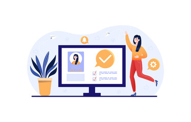 Happy female character is receiving approval on the computer monitor after finishing business task. Concept of remote or distant job, telecommuting, well done job. Flat cartoon vector illustration